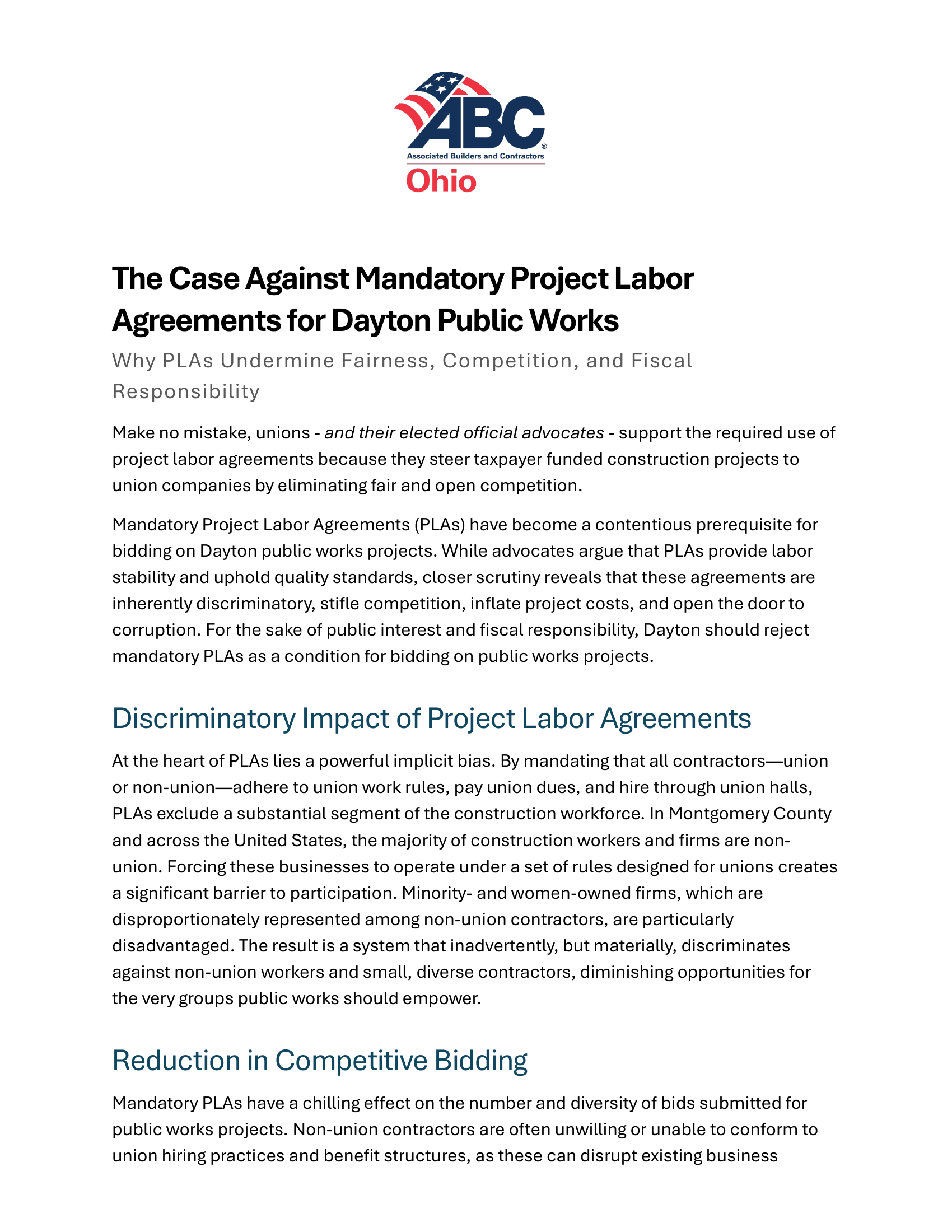 The Case Against Mandatory Project Labor Agreements for Dayton Public Works